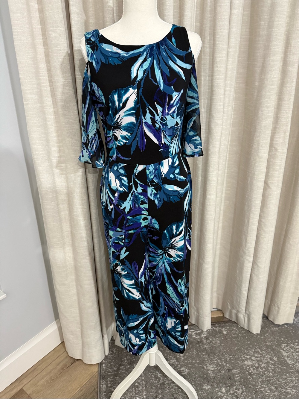 connected apparel Black Floral Cold-Shoulder Jumpsuit with Blue Accents